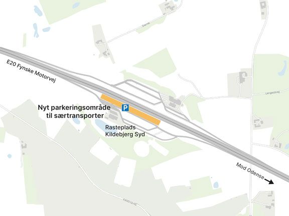 Parkering til særtransporter på Rasteplads Kildebjerg Syd ved Odense. Kort: Vejdirektoratet.