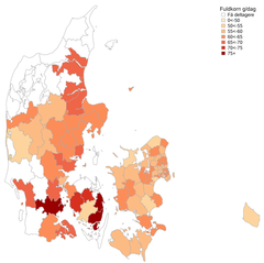 På Danmarkskortet kan man se det gennemsnitlige fuldkornsindtag beregnet ud fra de foreløbige resultater fra Kost, kræft og helbred - Næste generationer