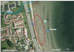 På Kallemosen frarådes der badning. Målingen er foretaget i den blå cirkel. Foto: Aabenraa Kommune