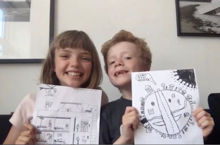 Caroline 10 år og Emil 7 år er søskende. De har tegnet corona-krisen fra hvert deres perspektiv. I udstillingen "Corona med unge øjne" kan man se deres tegninger og høre dem fortælle.