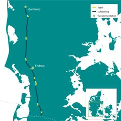 På op til 26 km. af strækningen fra Idomlund til grænsen, kan luftledninger erstattes af kabler i jorden. Energinets forslag her markeret med gult.
