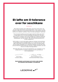Ledernes løfte om nultolerance over for sexchikane, som er indrykket som annonce i en række landsdækkende aviser