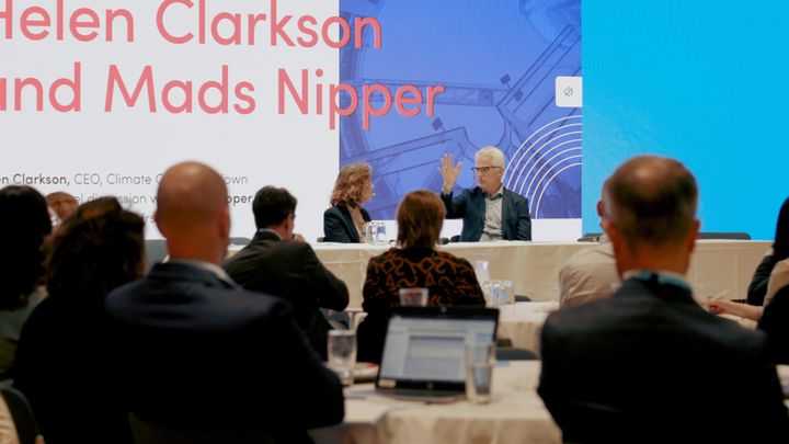 Ørsted CEO Mads Nipper and Climate Group CEO Helen Clarkson speak at the inaugural SteelZero summit hosted at Ørsted's headquarters in Copenhagen, Denmark on 31 May 2022.