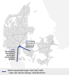 Trafikken forventes at være tæt hen over Fyn og ned mod grænsen til Tyskland. Grafik: Vejdirektoratet.
