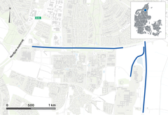 Kort over ombygningen ved Universitetsboulevarden, Hadsund Landeland samt ny cykelsti til NAU. Kort: Vejdirektoratet