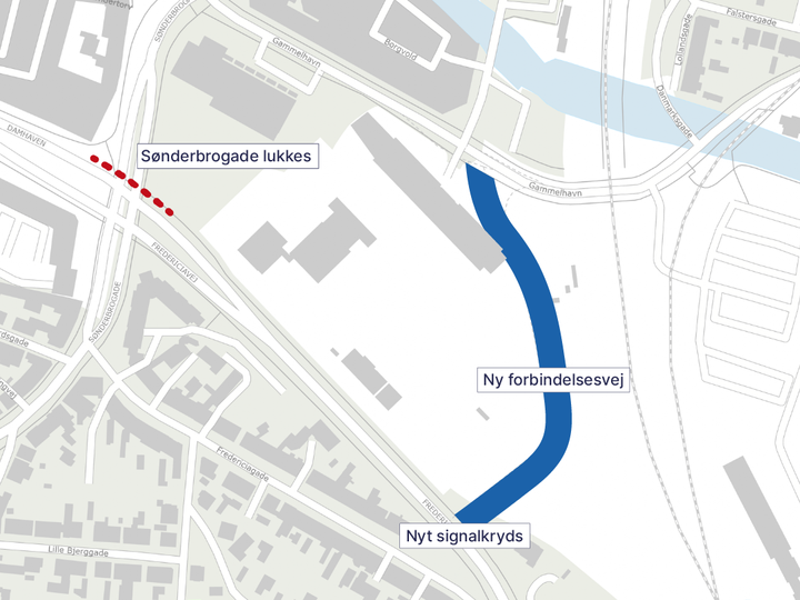 Som en del af anlægsarbejdet ved Gammelhavn lukkes Sønderbrogade. I stedet åbner en ny forbindelsesvej. Illustration: Vejdirektoratet.