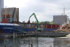 Lastning af flis i Bandholm Havn fredag den 7. juni. (foto: Troels Nyerup, Krinak A/S)