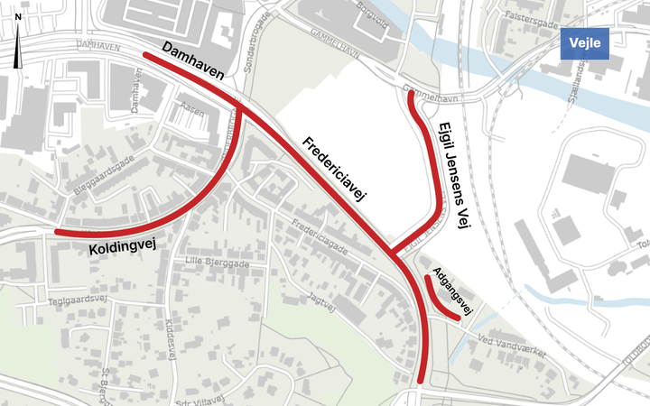 Der kommer til at være vejarbejde på Fredericiavej, Damhaven, Koldingvej og Ejgil Jensens vej. Grafik: Vejdirektoratet