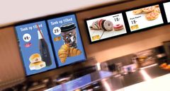 En kaffe og to croissanter koster 25 kr. og indeholder 1787 kilojoule/427 kilokalorier. Sådan bør menukortet se ud på en fastfoodrestaurant, mener bl.a. Kræftens Bekæmpelse. Kaloriemærkning forebygger overvægt, som er årsag til kræft og andre sygdomme. Fotomontage: Punch Design