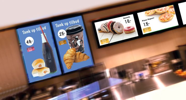 En kaffe og to croissanter koster 25 kr. og indeholder 1787 kilojoule/427 kilokalorier. Sådan bør menukortet se ud på en fastfoodrestaurant, mener bl.a. Kræftens Bekæmpelse. Kaloriemærkning forebygger overvægt, som er årsag til kræft og andre sygdomme. Fotomontage: Punch Design