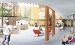 Foyer i den nye psykiatriske afdeling i Vejle. Rendering: Arkitema