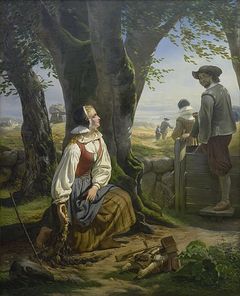 Kirsten svendsdatter finder det ene Guldhorn i 1639. Maleri af Niels Simonsen fra 1859.