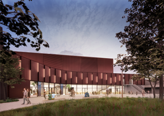 Visualisering af Nykøbing Falster Stadionhal, som forventes færdig sommeren 2023.