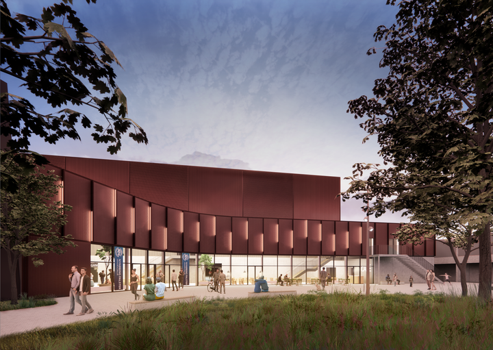 Visualisering af Nykøbing Falster Stadionhal, som forventes færdig sommeren 2023.