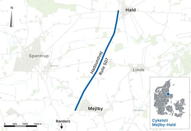 Vejdirektoratet anlægger cykelstier mellem Mejlby og Hald ved Randers i perioden fra den 19. april til begyndelsen af august 2022. Grafik: Vejdirektoratet.