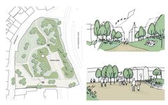 Det midlertidige byrum skal være med til at gøre området attraktivt her og nu samtidig med, at forskellige tiltag afprøves forud for beslutning om den permanente indretning af området. Illustrationer: LABLAND