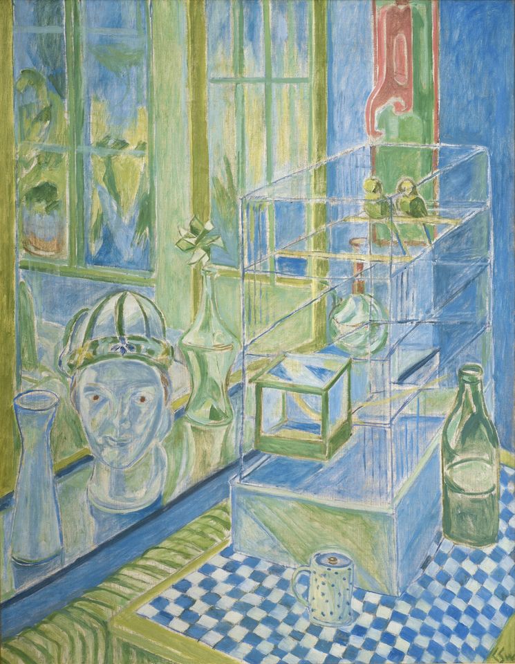 Swane, Christine Opstilling med fuglebur med to fugle og buste med hue 1952 Olie 115 x 90 BR-Fond JLM BR 51 Foto Ole Friis