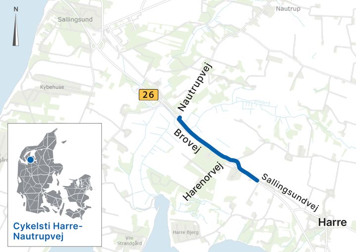Vejdirektoratet anlægger en to kilometer lang cykelsti langs den nordlige side af rute 26. Kort: Vejdirektoratet.