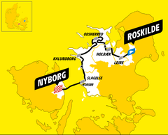 Lørdagens etape begynder i Roskilde og er i mål for enden af Storebæltsbroen i Nyborg. Grafik: Grand Départ.