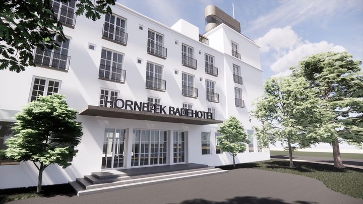 Visualisering af arkitekt, Jon Clausen, NVMBR Architects med et bud på hvordan Hornbæk Badehotel kan komme til at se ud. Kreditering: Jon Clausen/NVMBR ARCHITECTS
