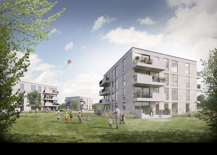 Nogenlunde sådan her kan de nye såkaldte punkthuse komme til at se ud. De skal bygges på den gamle DLG-grund på Østerbro midt mellem Mysseskoven og Guldborgsund i Nykøbing Falster. Illustration: Dansk Arealudvikling.