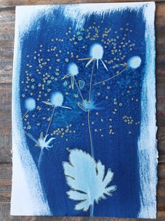 Blå  blomster skabt via cyanotype. Foto: Lotte Nørgaard Nielsen.