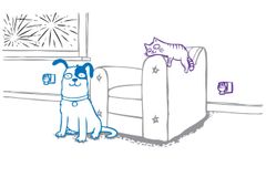 Det er vigtigt at hjælpe sine kæledyr gennem nytåret, så de ikke får varige mén. Tegning: Ceva.
