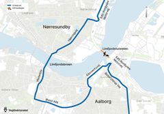 •	Mellem kl. 22.30 og 02.00 er Limfjordstunnelen spærret. Der vil være omkørsel gennem Aalborg. Grafik: Vejdirektoratet.