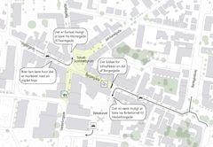 Dele af Borgergade afspærres i perioden 1. juni til og med 4. september 2023. Oversigtskortet viser afspærringen og hvor der må køres. Illustration: Billund Kommune