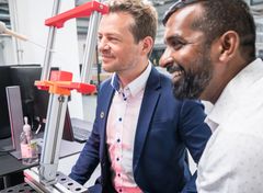 Esben Østergaard, co-founder of Lifeline Robotics and Universal Robots, takes a swab in the World's First Automatic Swab Robot, developed with Thiusius Rajeeth Savarimuthu, professor at the Maersk Mc-Kinney Moller Institute, The University of Southern Denmark