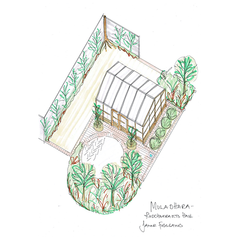Tegning af showhaven "Muladhara - rodchakraets have", der er designet af Janne Fuglsang