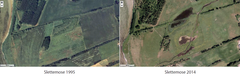 Luftfotos af Slettemose 1995 og 2014 med ændringerne fra landbrugsområde til overdrev. Kilde: Geodatastyrelsen.