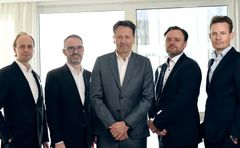 At the signing. From the left: Jakob Fuhr Hansen (Partner, Nordic Alpha Partners), Nikolaj Magne Larsen (CFO, Re-Match), Stefaan Florquin (CEO, Re-Match), Dennis Andersen (Founder, Re-Match), Laurits Bach Sørensen (Partner, Nordic Alpha Partners)