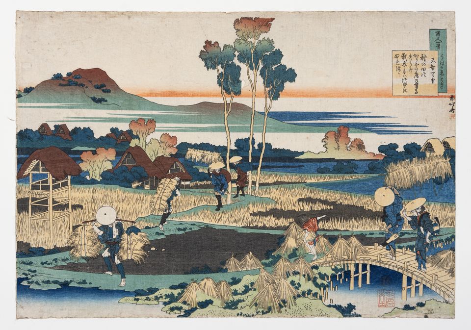 Katsushika Hokusai,Kejser Tenchi (Tenchi tennõ) fra serien Ethundrede digte af ethundrede poeter, fortalt af en amme (Hyakunin isshu uba ga etoki), ca. 1835-1836. Foto: Designmuseum Danmark