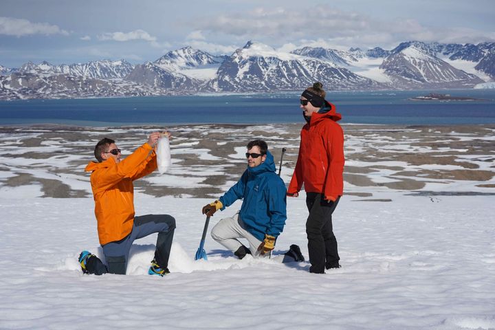 Forskere indsamler overfladeprøver fra gletsjere på Svalbard for at udføre tælling af mikroorganismer (Photo: Dr James Bradley, Queen Mary University of London)