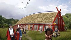 I foredraget 'Fra stolpehul til kongehal', som foregår på Lejre Museum, kan du høre om arbejdet med at rekonstruere den mægtige halbygning fra yngre jernalder/tidlig vikingetid. Illustration: Sagnlandet Lejre