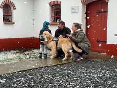 Den sidste af de 17 golden retrievere der har boet på Brande internat er nu rejst ud i et nyt hjem. Da familien hentede hunden Jason, havde familiens søn Lau, på 4 år, en bamse med fra sin egen samling, som gave til det nye familiemedlem. Her ses familien med Jason og bamsen. Foto: Dyrenes Beskyttelse. Til fri afbenyttelse.