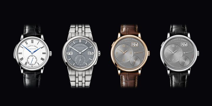A. Lange & Söhne novelties to be presented at the trade fair, from left to right: RICHARD LANGE MINUTE REPEATER, ODYSSEUS and GRAND LANGE 1 with two case variations. credit: Lange Uhren GmbH