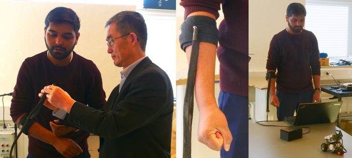 Med sensorarmbåndet om underarmen er det muligt at styre og kontrollere robotter ved hjælp af håndbevægelser. Teknologien åbner en ny vej for interaktionsmulighederne mellem mennesker og teknologi. Fotocollage: Jakob Brodersen