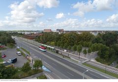Visualisering af, hvordan Ishøj Strandvej kommer til at se ud, når Hovedstadens Letbane står klar i 2025.