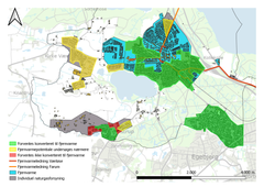 Forslag til Varmeplan 2021, de grønne områder i Værløse forventes konverteret til fjernvarme, mens fjernvarmepotentialet skal undersøges nærmere i de gule områder