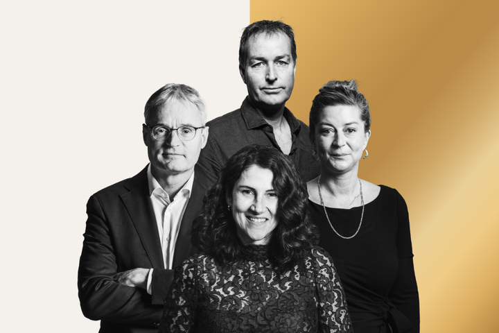 De fire nominerede til Årets Leder 2021 er fra venstre Per Bank, Gitte Aabo, Kasper Hjulmand og Helle Østergaard Kristiansen. Fotos: Christian Als, Lederstof.dk
