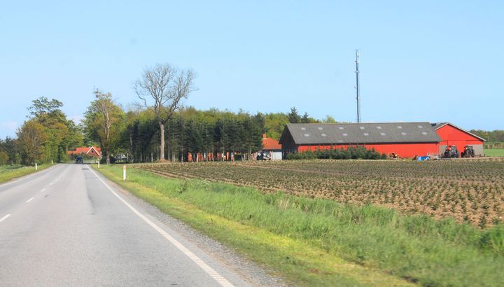 En rød gård og marker ved en landevej. Foto: P. Qvist