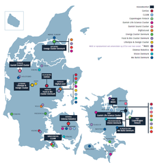 Sådan ser Danmarks klyngelandskab med 13 viden- og erhvervsklynger ud i dag. Kort: Cluster Excellence Denmark