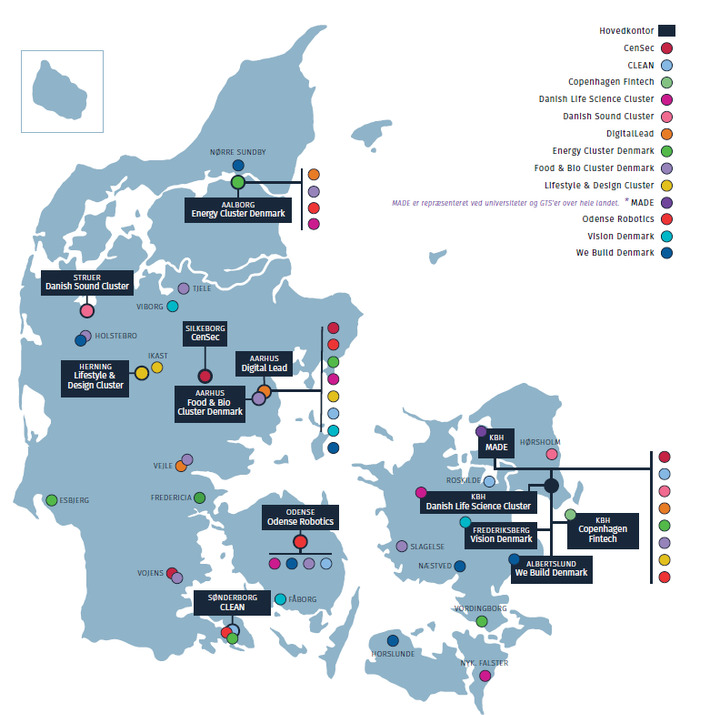 Sådan ser Danmarks klyngelandskab med 13 viden- og erhvervsklynger ud i dag. Kort: Cluster Excellence Denmark