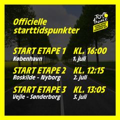 De officielle starttidspunkter for de tre danske Tour-etaper. Grafik: Grand Départ Copenhagen Denmark