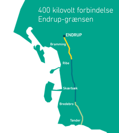I den tidsplan for den kommende højspændingsforbindelse mellem Endrup og grænsen, som er sendt ud til borgerne i projektområdet, er strækningen delt op i tre: For den gule strækning (Endrup-Ribe) er der lodsejerforhandling fra juni 2023, og arbejdet med luftledninger og kabelanlæg udføres fra november 2023 til februar 2025. På den mørkegrønne (Ribe-Bredebro) er der lodsejerforhandling fra juni 2023 og anlægsarbejde fra december 2023 til oktober 2024. På den lysegrønne er der lodsejerforhandling fra oktober 2023 og anlægsarbejde fra april til december i 2024.
