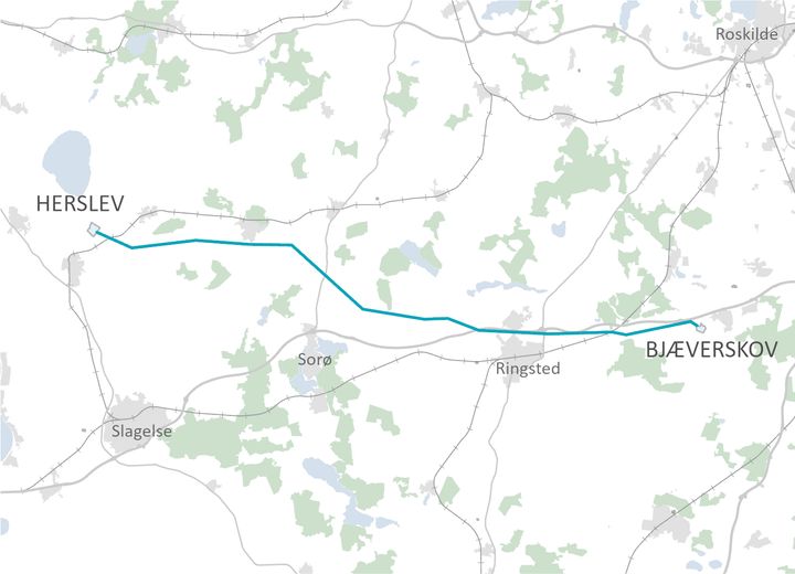 Kort over 400 kV højspændingsforbindelsen, som skal renoveres i 2025, fra Herslev til Bjæverskov.