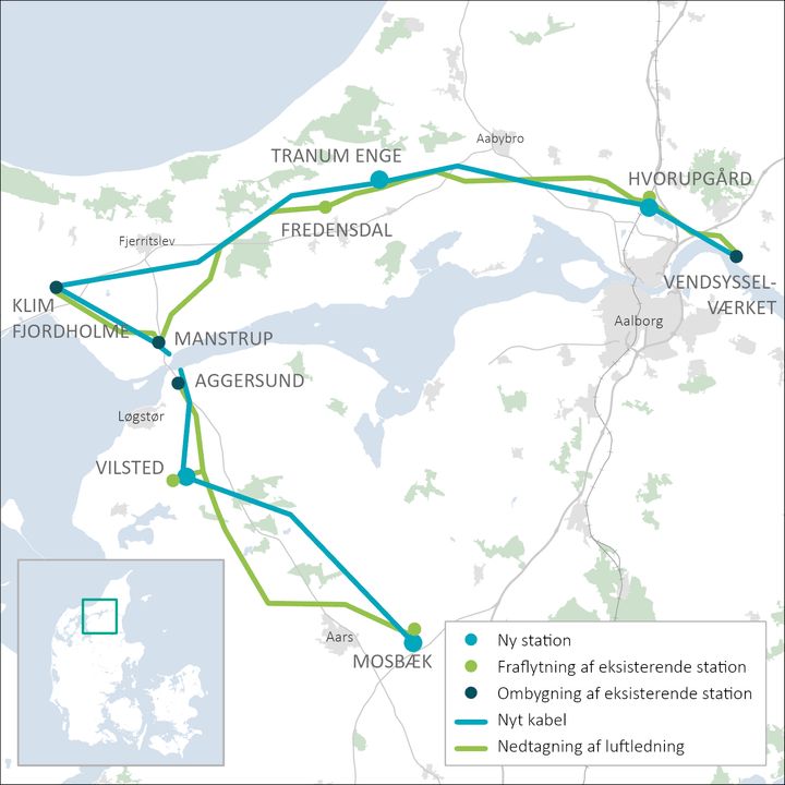 På kortet ses strækningerne for kabellægningen samt nedtagning af eksisterende luftledninger og master. Også højspændingsstationer berøres. I nogle tilfælde vil Energinet flytte ud af de eksisterende stationer, i andre tilfælde ombygges højspændingsstationen indenfor det eksisterende stationsareal, og tredje steder bygges en helt ny højspændingsstation.