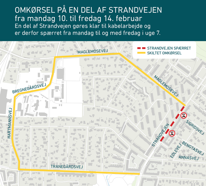 Kort over omkørselsrute ifb. med vejarbejde på en del af Strandvejen i uge 7